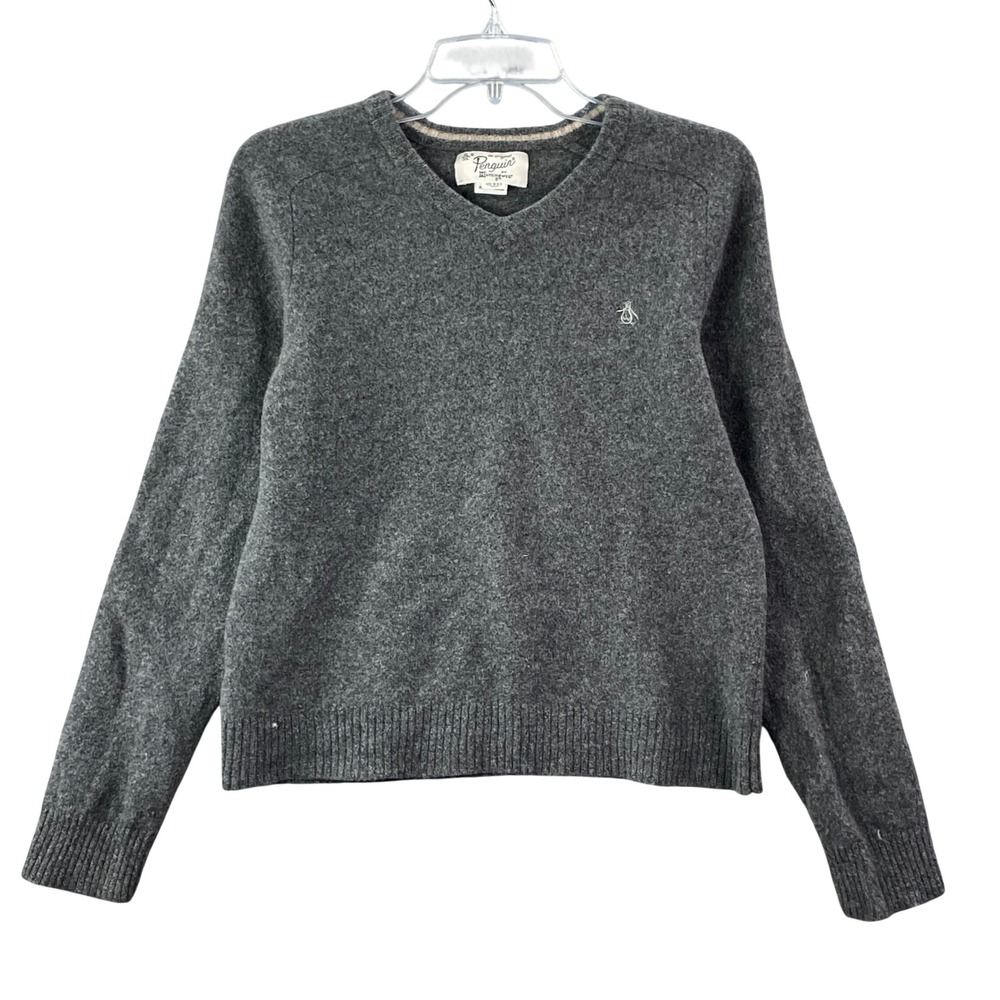 Original Penguin Sweater Womens M Grayโ Lambswool V-Neck Knit Logo Pullover